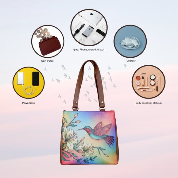 Printed Leather Shoulder Tote Bag for Women – Top Handle Handbag Purse Work - Picture 4 of 9